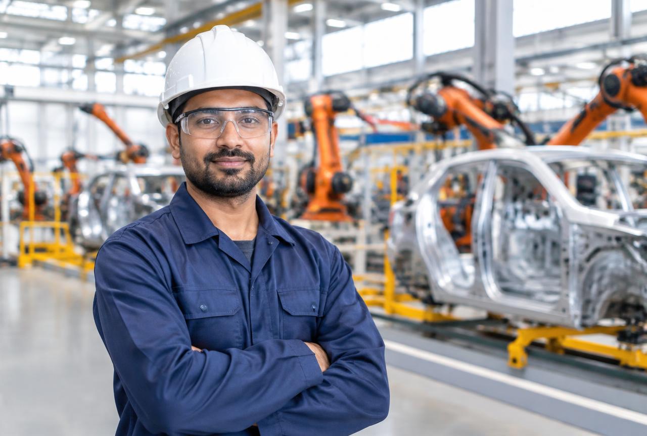 Indian manufacturing engineer in navy uniform, white safety helmet and safety glasses in an automotive factory