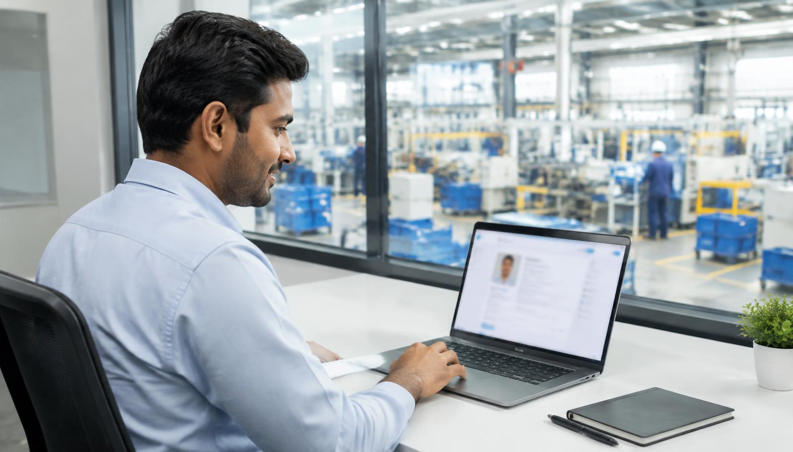 Indian manufacturing professional improving his career profile on a laptop in a factory office