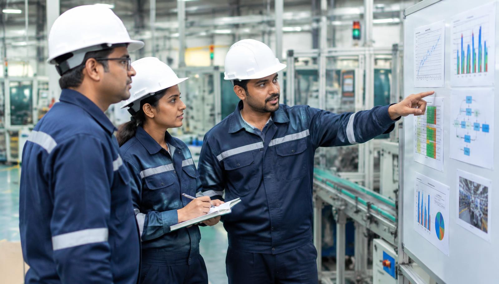 Indian manufacturing team discussing a Kaizen improvement on the production floor
