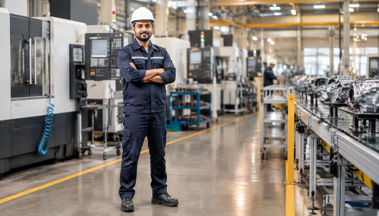 Quality engineer inspecting a machined component on an automotive manufacturing floor