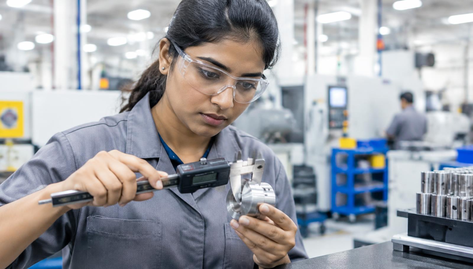 Indian quality engineer measuring a precision component in a manufacturing plant