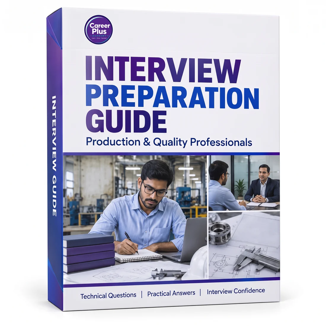 Career Plus Academy Interview Preparation Guide white 3D cover for Production and Quality professionals